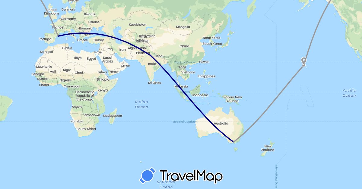 TravelMap itinerary: driving, plane in Australia, Spain, India, United States (Asia, Europe, North America, Oceania)